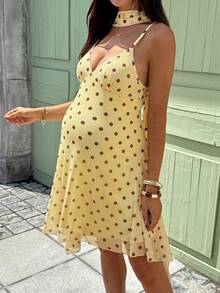 SHEIN Đầm bầu thanh lịch kiểu cổ điển với họa tiết chấm bi, dây mảnh, phong cách nghỉ mát, mùa hè. - Màu vàng - Xem 1