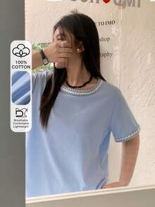 Dazy Plus Elegant Versatile Loose Fit Plus Size Blue Round Neck Patchwork Design T-Shirt For Women, Spring/Summer - Baby Blue - View 1
