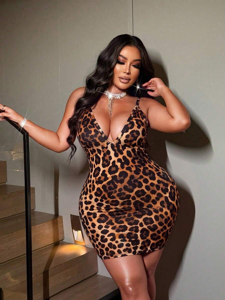NU&NOW Plus Size Deep V-Neck Sleeveless Spaghetti Strap Leopard Print Bodycon Mini Dress, Sexy Clubwear For Daily, Party, Date - Multicolor - View 1