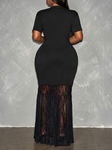 Slaydiva Plus Size Maxi Dress For Women,Round Neck Short Sleeve Lace Patchwork Hem,Black And Gold,Summer,Casual,Bussines,,Independence Day Print Dress - Black - View 3
