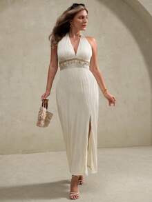 Elegantrix Vestido reto ajustado com decote halter, cintura com fenda, textura jacquard tricotada, estilo francês, praia, oceano, Plus Size, primavera/verão - Damasco - Visão 1