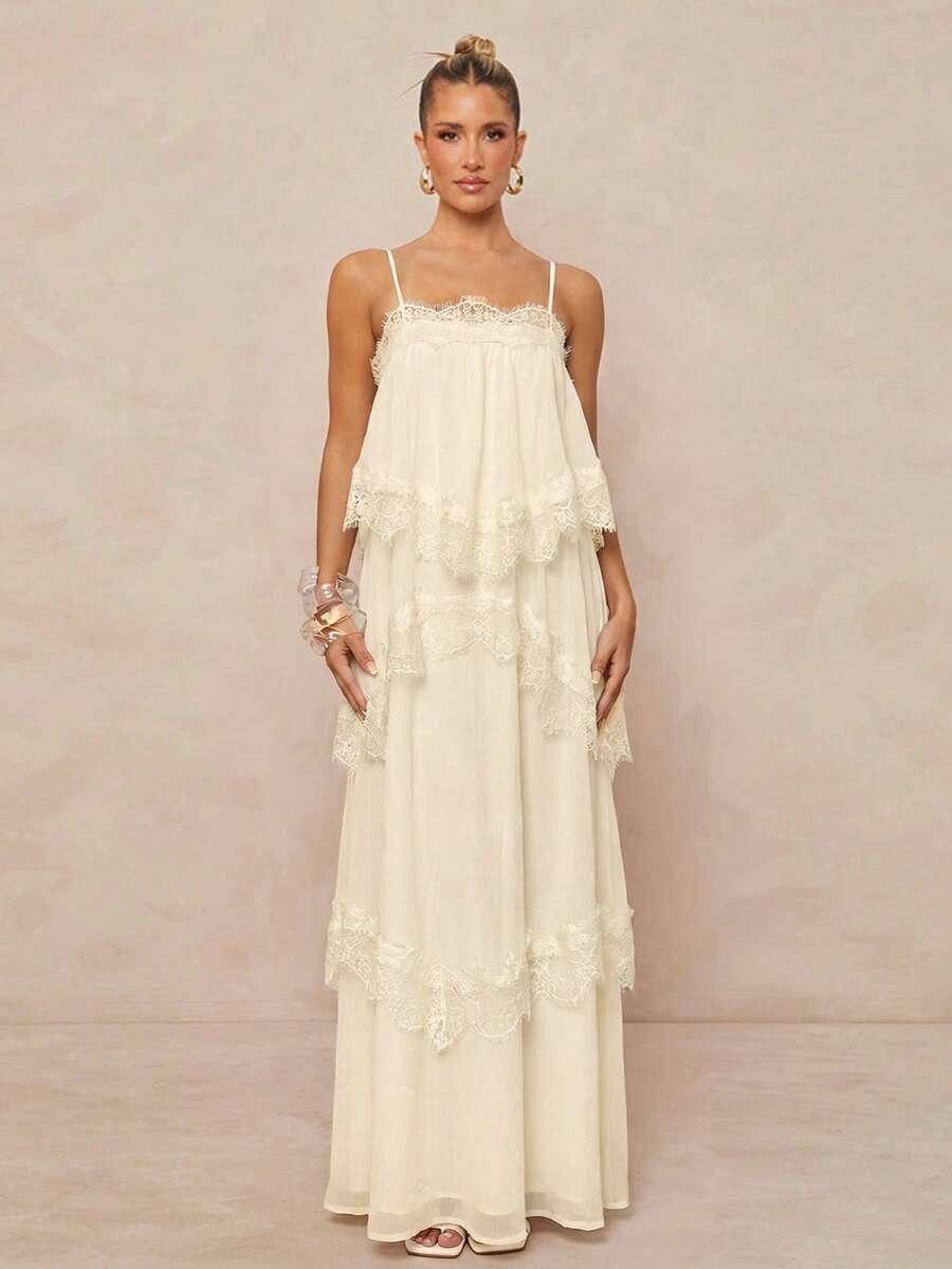 Lumalex Đầm maxi dây mảnh có thể điều chỉnh, chất liệu chiffon, phối ren, kiểu dáng mới về mùa xuân/hè, có lớp lót.