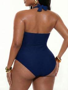 Oceva Plus Size Women One-Piece Solid Color Bamboo Fiber Deep V-Neck Fitted Elegant Halter Swimsuit - Navy Blue - View 2