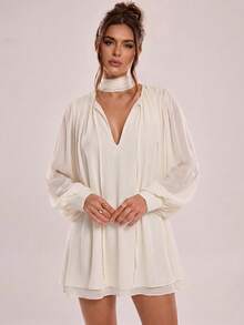 Avenya Đầm voan thanh lịch với cổ thắt nút, eo xếp ly, chất liệu chiffon. - Màu be - Xem 4