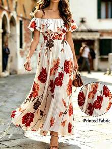 Modelyn Đầm nữ in hoa, trễ vai, xếp ly bồng bềnh, thanh lịch, lãng mạn, dáng chữ A, kiểu dáng nghỉ mát. - Nhiều màu - Xem 1