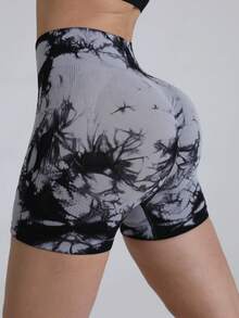 Gameset SHEIN Sport 女士无缝扎染灰色高腰短裤，舒适弹力腰带，适合跑步、骑行、健身、户外活动、休闲穿着，款式和颜色都很流行，适合春、夏、秋、冬四季穿着。 - 灰色 - 查看 4