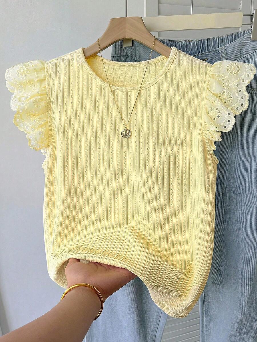 SHEIN Áo kiểu tay ngắn dáng rộng, khoét lỗ, thêu họa tiết, phối màu, thích hợp cho bé gái tuổi teen, thích hợp mặc mùa hè. - Màu vàng - Xem 1