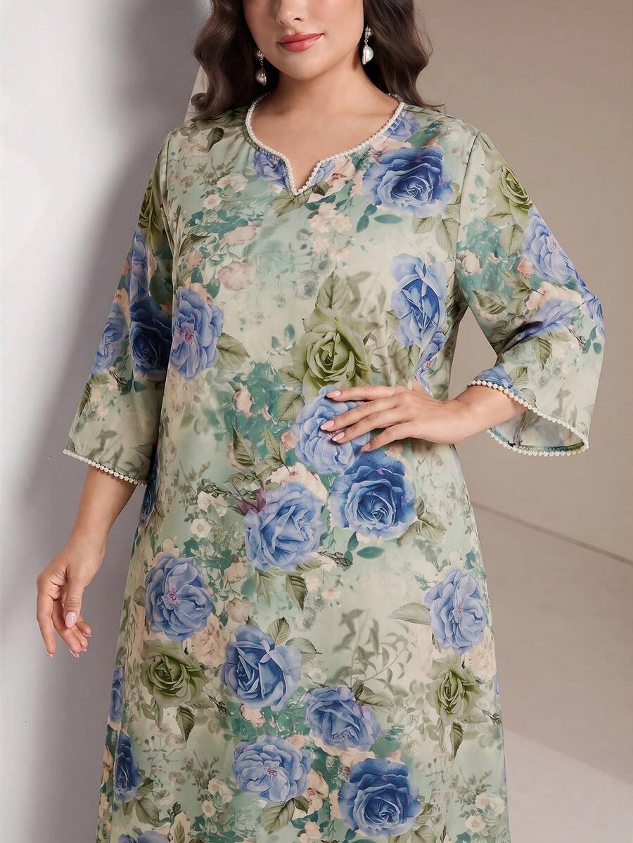 Al Najma 大码女式印花V领休闲派对长裙