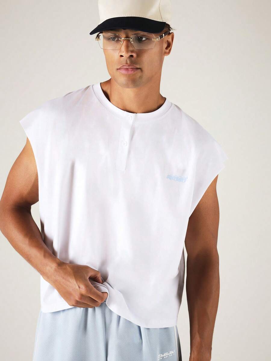 SUMWON Sleeveless Crew Neck Muscle Tank Top With Cap Sleeve Detail And Chest Logo For Casual Summer Wear - White - View 1