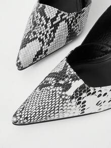 Mnmlis Spring And Summer Snake Pattern Design Pointed Toe Personalized Wind Slingback High Heels Shoes Workplace Commuting - Black and White - View 5