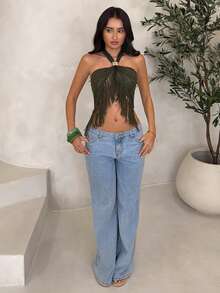 SHEIN Glamour 新款性感针织金色金属环露背吊带露脐短款上衣，带流苏，欧美风格 - 軍綠色 - 查看 4