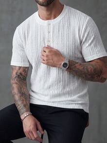 Manfinity CasualCool Áo thun nam màu trắng dệt kim, chất liệu có họa tiết, kiểu dáng giản dị, phù hợp mặc ở nhà. - trắng - Xem 3