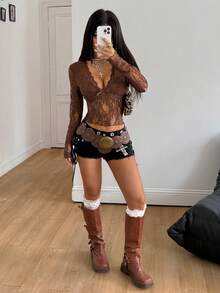 Coolane Áo thun nữ mùa thu/mọi mùa phong cách đường phố, trang phục dự tiệc rave, lễ hội, boho, phong cách miền Tây, Y2K, Gyaru, cổ chữ V, ren, tay dài. - Cà phê nâu - Xem 2