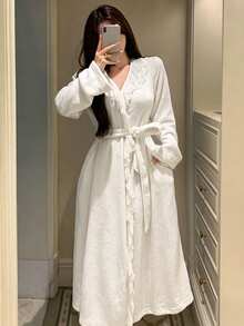 DAZY 女款長款毛絨蕾絲荷葉邊下擺睡袍，冬季睡衣 - 白色 - 查看 6