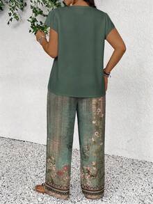 Lounesse Plus Size Casual Solid Color Top And Floral Print Pants 2-Piece Set - Multicolor - View 2