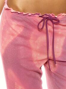 MUSERA Ruffled Tie Waist Ombre Butterfly Printed Pattern Glitter Mesh Loose Fit Flared Lettuce Hem Trouser Coord Bottoms Only Beach Pink Summer Sexy - Purple - View 5
