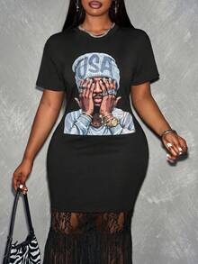 Slaydiva Plus Size Maxi Dress For Women,Round Neck Short Sleeve Lace Patchwork Hem,Black And Gold,Summer,Casual,Bussines,,Independence Day Print Dress - Black - View 9