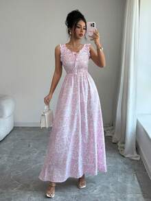 SHEIN LUNE Đầm hai dây eo xếp ly họa tiết hoa nhí màu hồng trắng thanh lịch dành cho nữ, thích hợp cho mùa hè. - Hồng - Xem 1