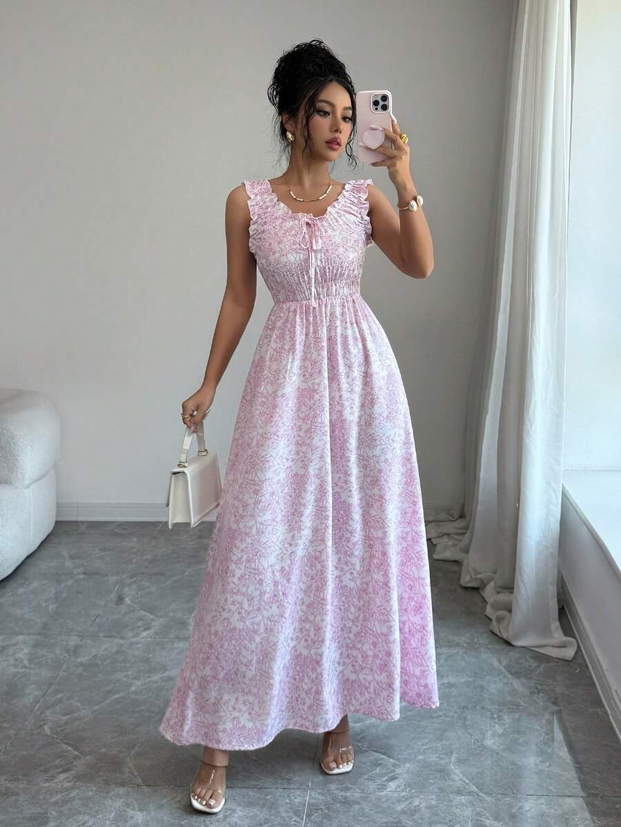 SHEIN LUNE Đầm hai dây eo xếp ly họa tiết hoa nhí màu hồng trắng thanh lịch dành cho nữ, thích hợp cho mùa hè. - Hồng - Xem 1