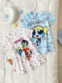 THE POWERPUFF GIRLS X SHEIN GraphicGems 2件套女宝宝可爱荷叶袖水滴露背设计柔软舒适短袖连衣裙套装，夏季家居服 - 淺粉色 - 查看 8