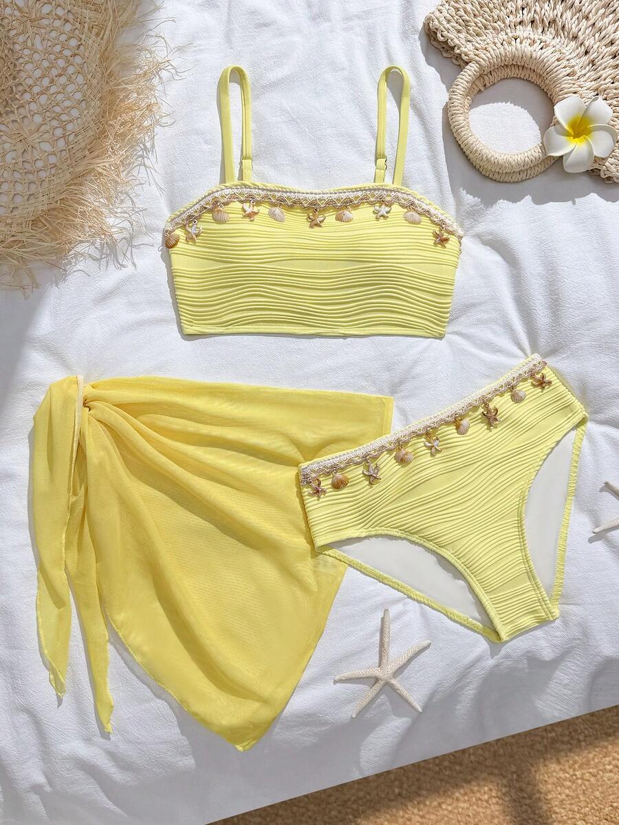 SHEIN Bộ bikini quây in hình vỏ sò và sao biển dành cho bé gái tuổi teen, thích hợp cho kỳ nghỉ hè trên bãi biển. - Màu vàng - Xem 1