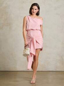 Rouah Vestido mini de mujer con un hombro, nudo delantero, textura de gasa rosa polvo, falda asimétrica drapeada para fiesta, boda, recepción de boda, fiesta de boda, invitado de boda - Rosa Pálido - Ver 5