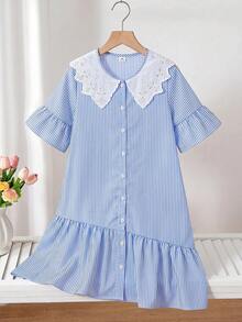 Elladie kids 一件少女休闲蓝白条纹连衣裙，轻薄面料，垂感好，舒适亲肤，精致蕾丝领增添甜美气息，前开襟纽扣设计方便穿脱，荷叶边袖口和下摆设计，宽松版型，适合日常、居家、上学穿着，2026春夏薄款连衣裙 - 藍色 - 查看 6