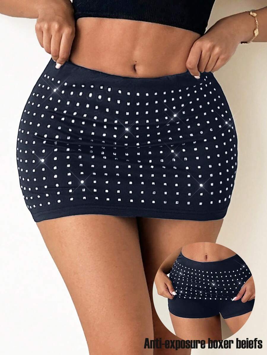 SHEIN SXY Váy/quần thời trang nữ đính đá lấp lánh, màu xanh navy. - Màu xanh hải quân - Xem 1