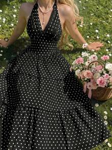 Vintamour Vintage Romantic Classic Elegant Women's Dress, Spring/Summer Fitted Halter Neck Tie Bow Black And White Polka Dot Polka Dot Cake Dress Tea Party - Black - View 7