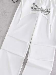 Teens' Loose Casual White Pants With Letter Patchwork, Street Style - White - View 5