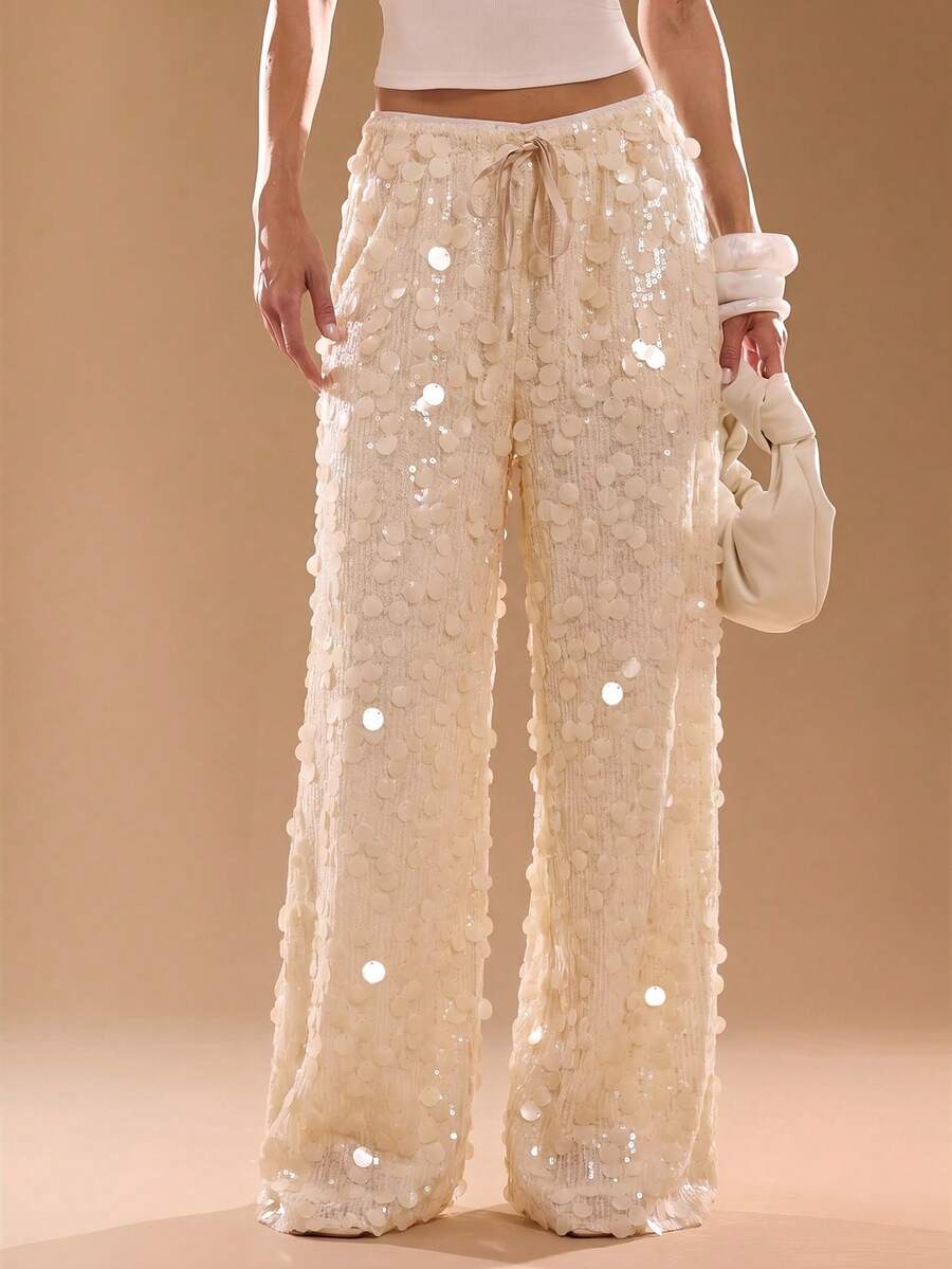 SHEIN BAE Women's Fashionable Party Sequin Wide Leg Pants - Apricot - View 1
