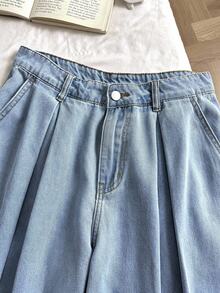 SHEIN PETITE Bộ áo hai dây denim xếp ly và quần ống rộng cho nữ, trang phục thường ngày thanh lịch cho mùa hè đi biển và nghỉ mát. Áo hai dây denim xếp ly viền và quần denim cho nữ, mùa hè. - Rửa nhẹ - Xem 7