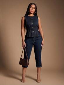 Radiana Blusa vaquera de mujer con cuello redondo, sin mangas, ajustada y con botones delanteros, una prenda de vestir elegante y casual para verano, carnaval, viajes, graduación, fiesta, boda y negocios - Azul - Ver 7