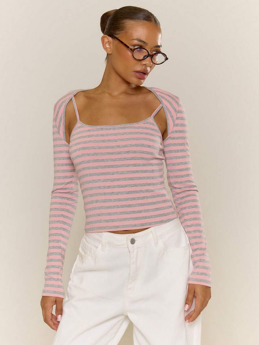 MUSERA Conjunto de dos piezas de bolero a rayas y top camiseta elegante, casual, de vacaciones, lindo estilo Y2K para primavera y verano - Multicolor - Ver 1