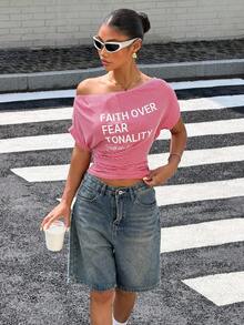 Muchica Women's Striped Letter Print T-Shirt, Versatile Styling - Red - View 6