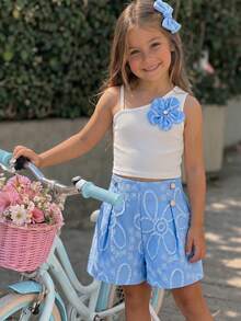 Souflis Souflis Summer Young Girls' Outfit,Cute 3D Flower White Ribbed Tank Top + High Waist Pearl Beaded Jacquard Shorts 2-Piece Set,Comfortable Casual INS Style - Multicolor - View 4