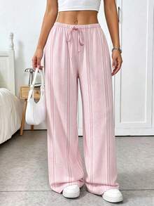 SHEIN EZwear Pantalones rectos casuales y sueltos para mujer, con estampado de rayas rosas, adecuados para atuendos de verano - Multicolor - Ver 4
