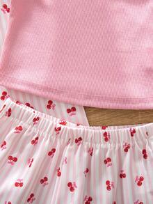 SHEIN 女童纯色吊带背心、条纹樱桃印花衬衫、短裤套装 - 彩色 - 查看 8
