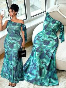 SHEIN Clasi Plus Size Women's Teal Summer Dress, Tropical Holiday Vacation Print Sleeveless Asymmetric Neck Bowknot Tie Waist Fishtail Hem Wedding Guest - Green - View 7