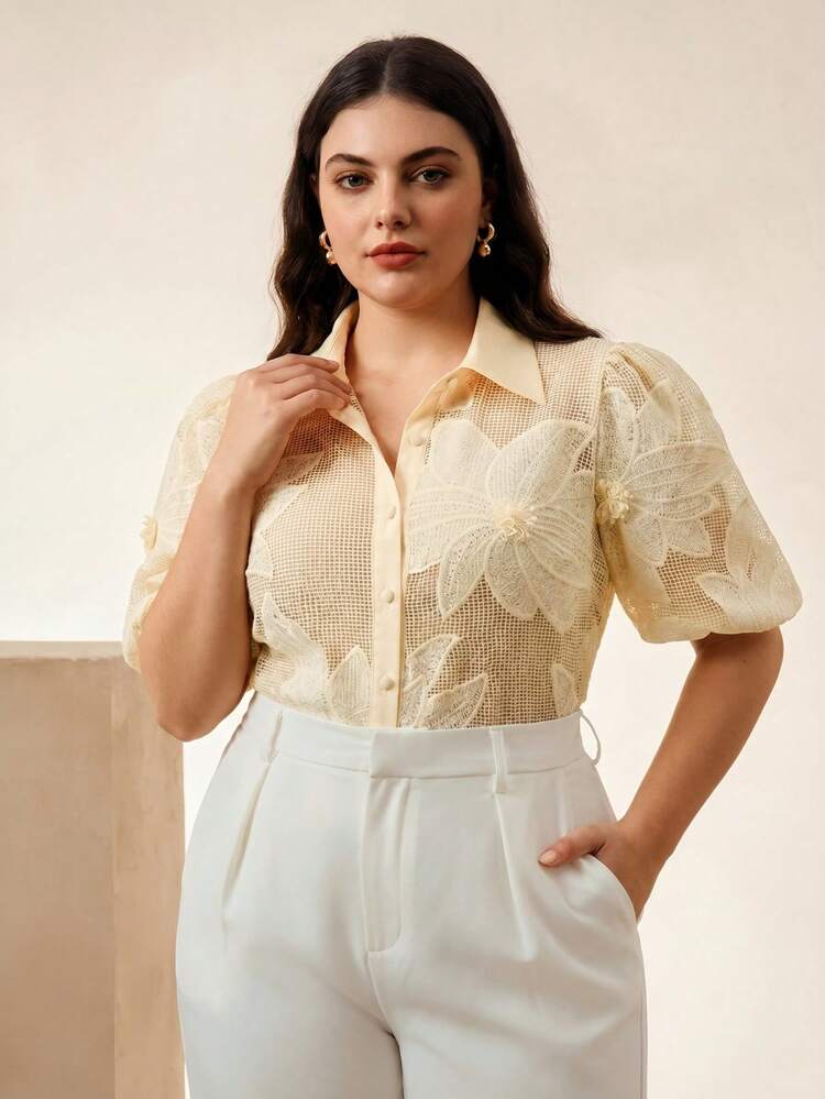 Plus Size Women Solid Color Hollow Out Sexy Short Sleeve Blouse