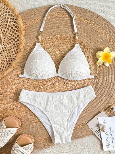 SHEIN Teenager Mädchen einfarbiger Neckholder Bikini und Dreieck Slip 2-teiliges Badeanzug Set, geeignet für Sommerurlaub