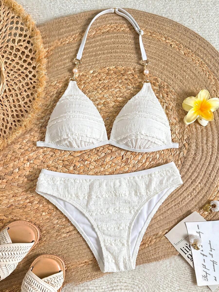 SHEIN Conjunto de bikini de 2 piezas con top halter y braga triangular de unicolor, adecuado para vacaciones de verano - Blanco - Ver 1
