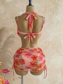 Soleia Orange Digital Print Bikini Set, Includes Bikini Top And Sheer Sarong Skirt, Sexy - Multicolor - View 5