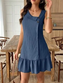Louniche Đầm ngắn dáng chữ A cho nữ, cổ bất đối xứng, cài cúc, chất liệu vải có họa tiết, viền bèo nhún, thích hợp cho mùa hè hoặc đi nghỉ mát. - Màu xanh hải quân - Xem 3