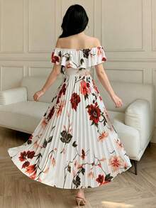 Modelyn Đầm nữ in hoa, trễ vai, xếp ly bồng bềnh, thanh lịch, lãng mạn, dáng chữ A, kiểu dáng nghỉ mát. - Nhiều màu - Xem 2