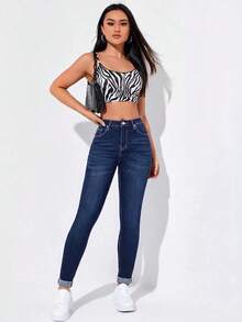 SHEIN Essnce Quần jeans nữ dáng ôm màu xanh dương, đa năng, phù hợp đi làm, dã ngoại và đi nghỉ mát, điểm nhấn là nơ trắng ở gấu quần. - Rửa tối - Xem 3