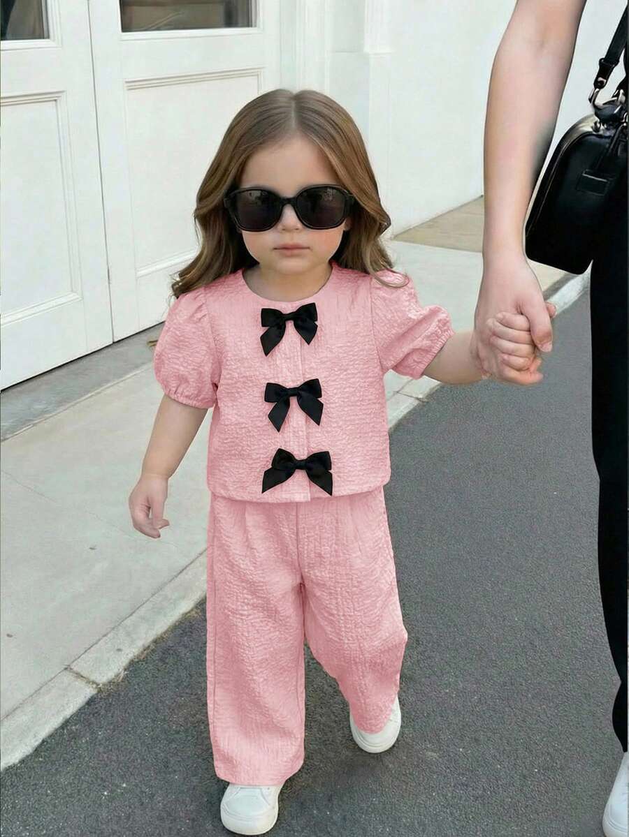 SHEIN 2件組女嬰編織素色圓領泡泡袖休閒上衣與長褲套裝 - 淺粉色 - 查看 1