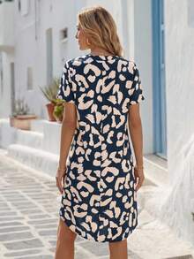 Faunlyn Allover Print Notched Neckline Dress,Sun Dress - Navy Blue - View 2