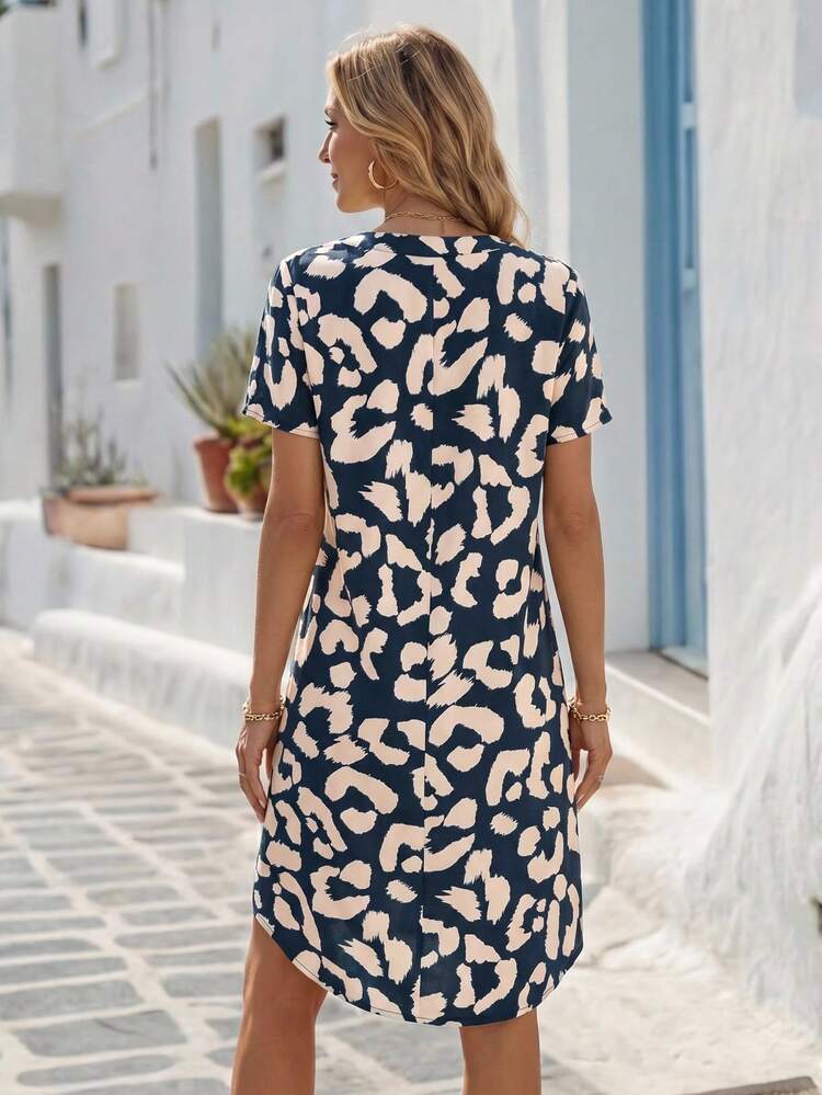 Allover Print Notched Neckline Dress,Sun Dress
