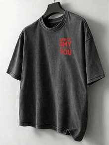 Chillumni Men's Vintage Fashionable Street Casual Slogan Print Loose Fit Washed T-Shirt, Suitable For Daily Commute In Summer - Black - View 2
